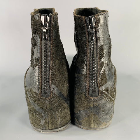 JULIUS_7 Size 9.5 Black Distressed Roughout Leather Wedge Boots