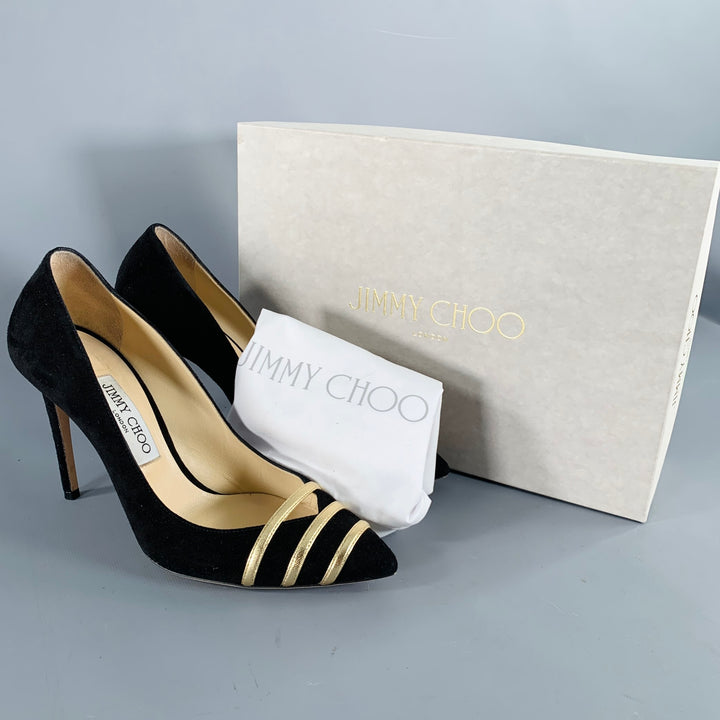 JIMMY CHOO Size 8.5 -Bethan 100- Black Gold Suede Stripe Pumps