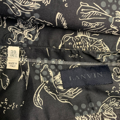 LANVIN Size 39 Navy White Koi Fish Cotton One Pocket Short Sleeve Shirt
