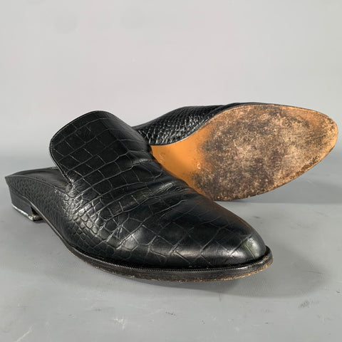 ROBERT CLERGERIE Size 10.5 Black Leather Croc Embossed Embossed Mules Flats