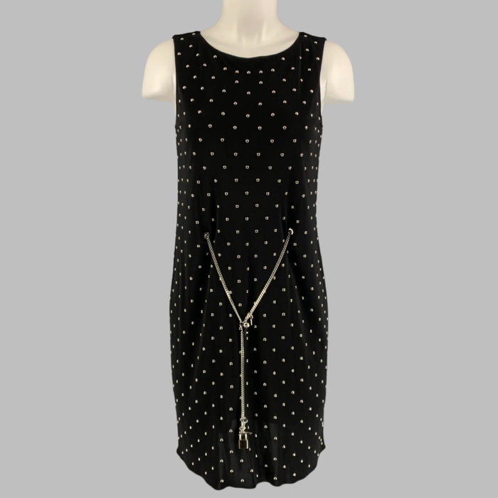 MOSCHINO Size 6 Black Silver Polyester Studded Lock Key Shift Dress