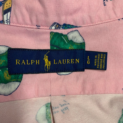 RALPH LAUREN Size L Pink Green Bears Cotton One Pocket Long Sleeve Shirt
