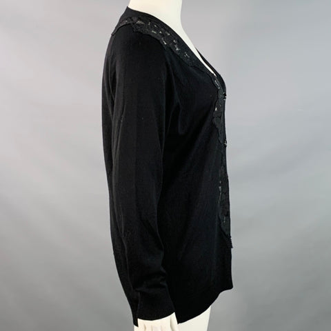 CHLOE Size L Black Wool Lace Trim V-Neck Button Up Cardigan