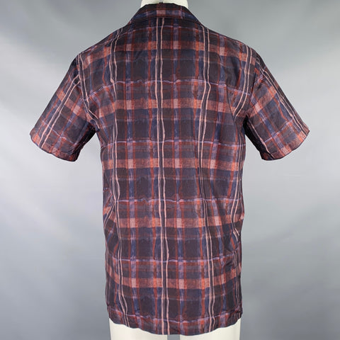 THEORY Size M Navy Brown Plaid Silk Blend Short Sleeve Shirt