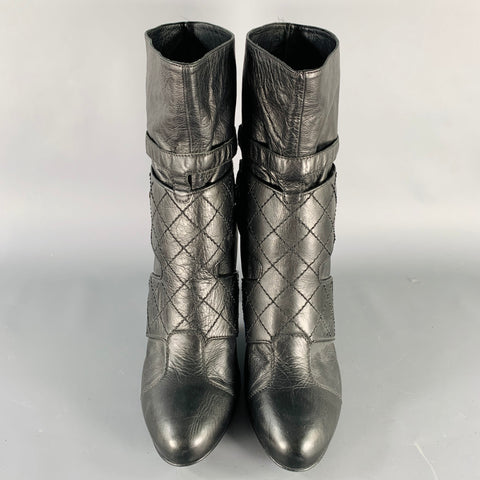CHANEL Size 9.5 Black Leather Quilted Straps Boots
