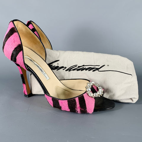 BRIAN ATWOOD Size 7.5 Pink Brown Stripe Calf Hair Peep Toe Heels Pumps