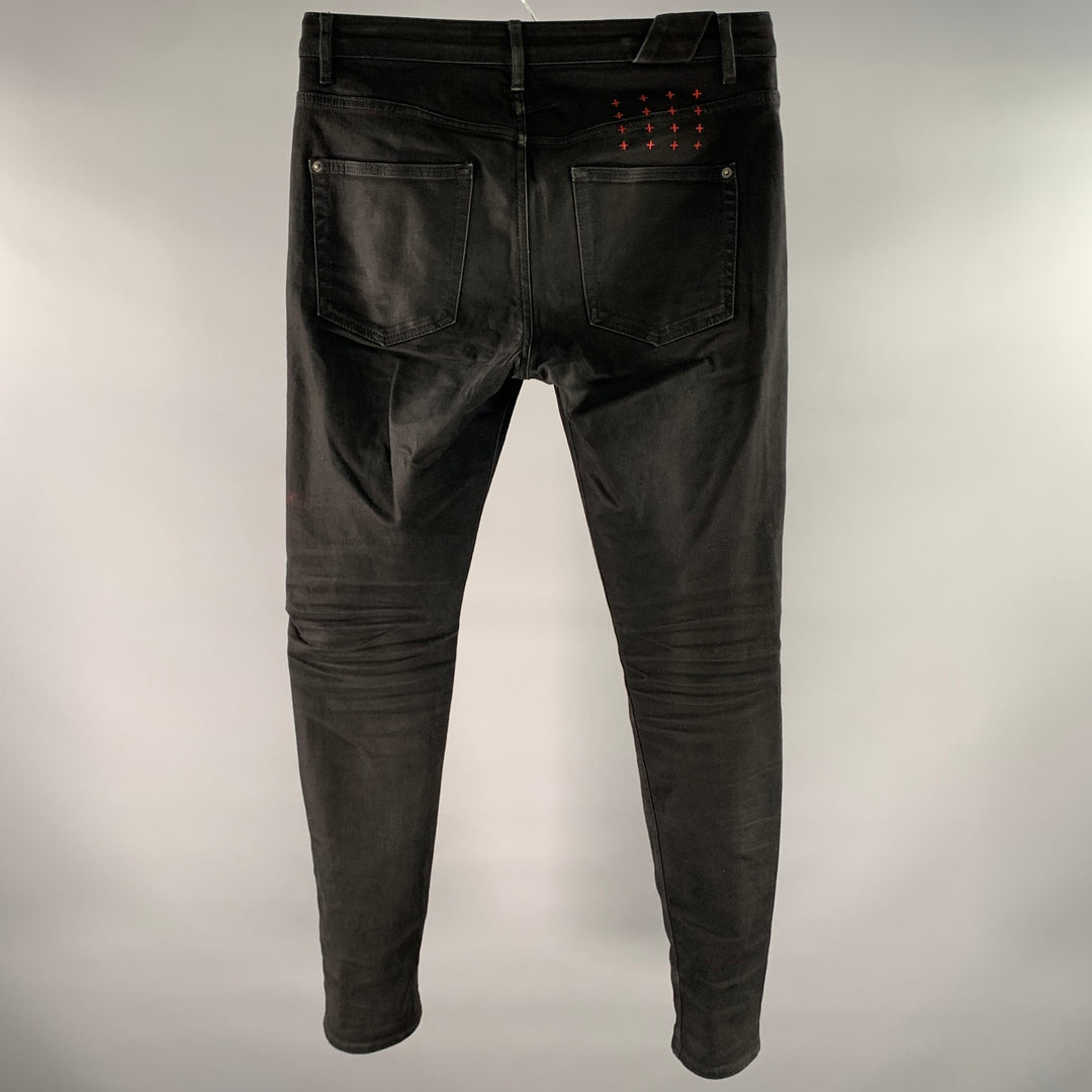 KSUBI Size 32 Black Washed Embroidered Cotton Slim Fit Jeans