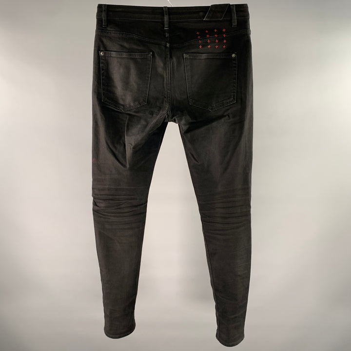 KSUBI Size 32 Black Washed Embroidered Cotton Slim Fit Jeans