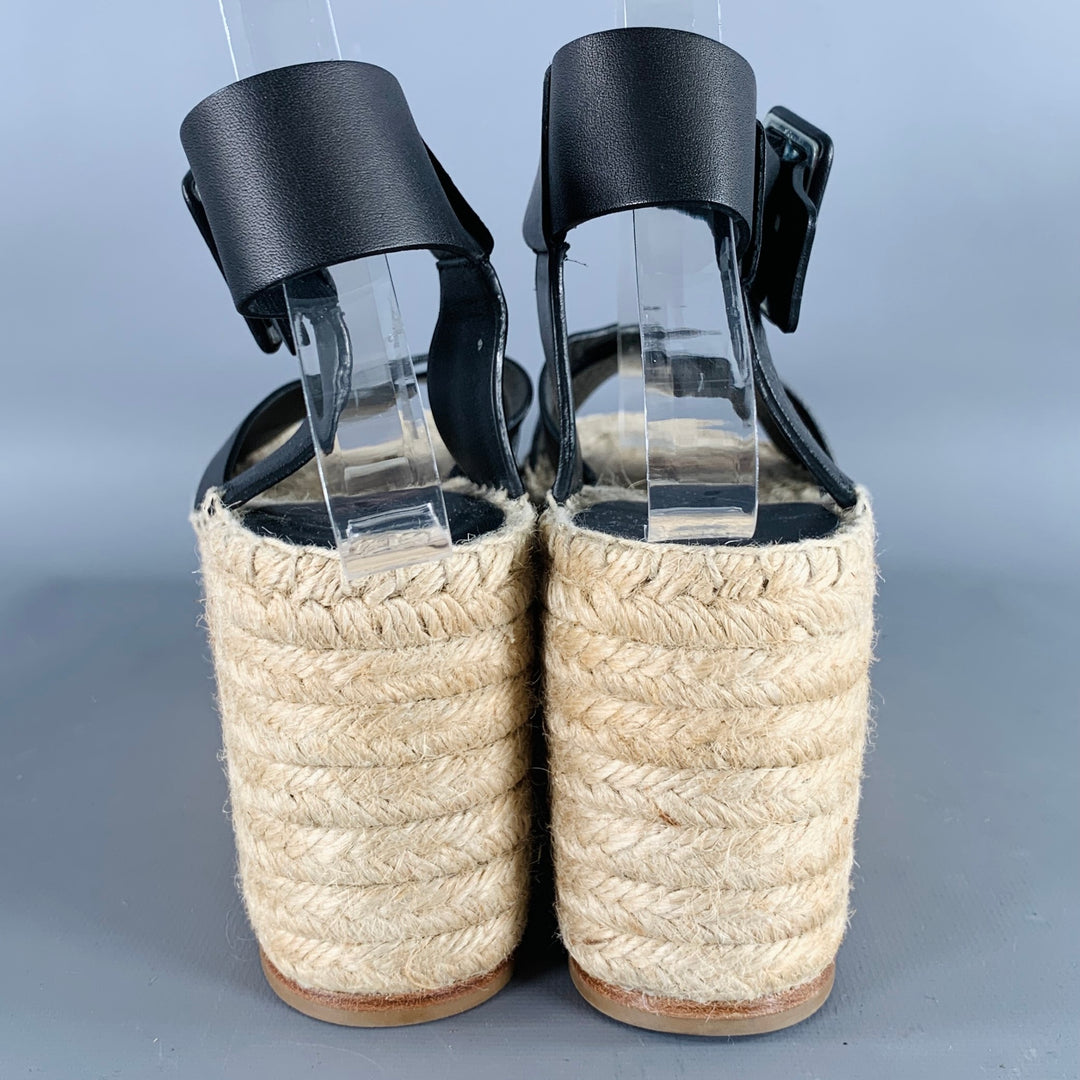CELINE Size 7 Black Natural Leather Espadrille Sandals