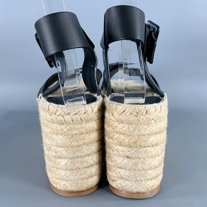 CELINE Size 7 Black Natural Leather Espadrille Sandals