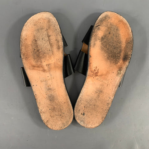 HERMES Size 11 Black Leather Slide Sandals