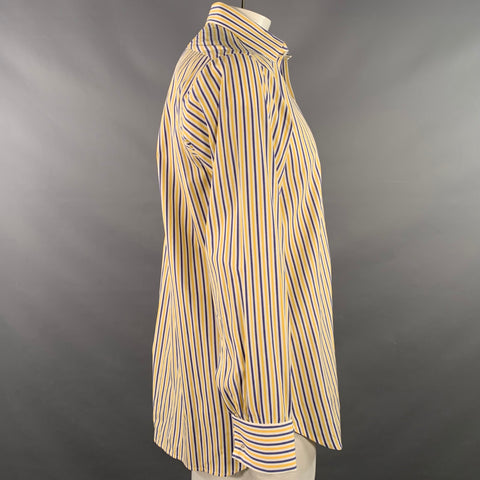 TURNBULL & ASSER Vintage Size L White Navy Yellow Stripe Cotton French Cuff Long Sleeve Shirt