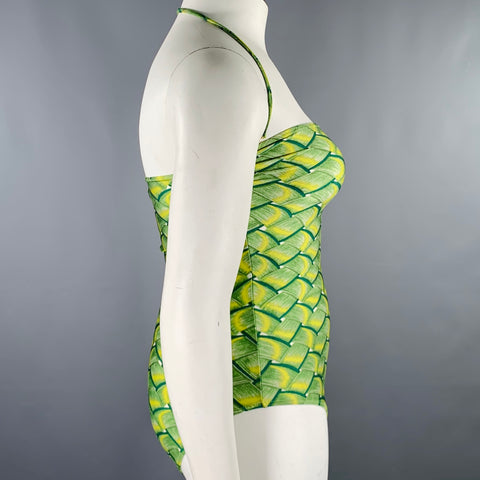HERMES Size 10 Green Yellow Nylon Blend Woven Halter Swimsuit