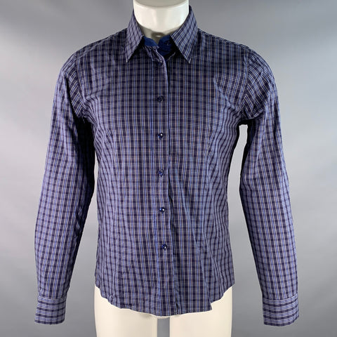 LA CAMICERIA Size M Navy Multi-Color Plaid Cotton / Elastane Long Sleeve Shirt