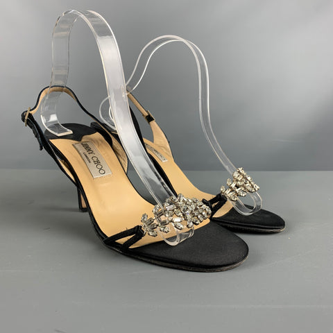 JIMMY CHOO Size 8.5 Black Satin Embellishment Slingback Sandals