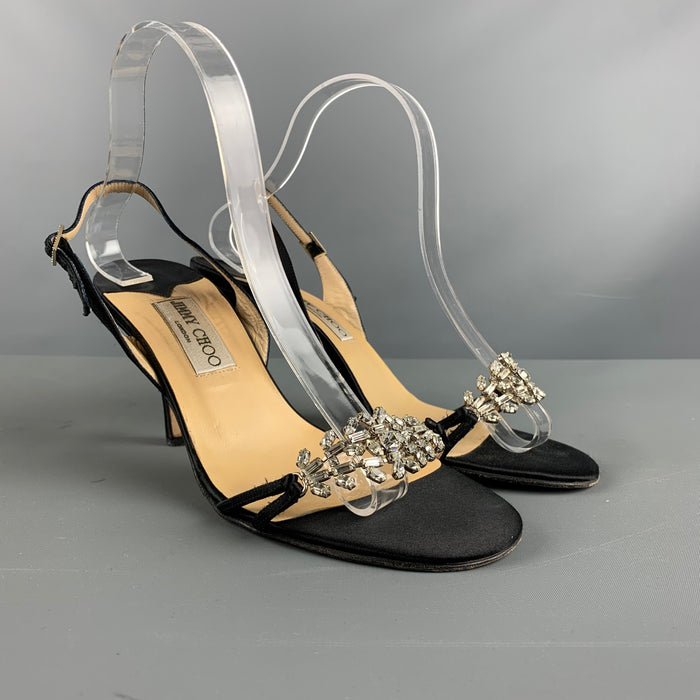 JIMMY CHOO Size 8.5 Black Satin Embellishment Slingback Sandals
