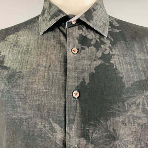 BUGATCHI UOMO Size L Black Grey Palms Cotton Button Up Long Sleeve Shirt