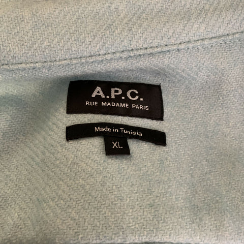 A.P.C. Size XL Blue Contrast Stitch Wool Blend Flanel Long Sleeve Shirt