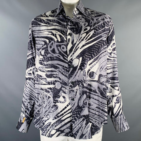 BILLIONAIRE COUTURE Size XL Grey Black White Print Silk Long Sleeve Shirt