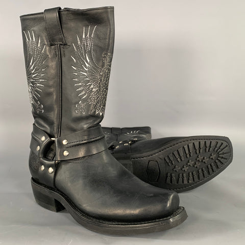 GRINDERS Size 9.5 Black Grey Birds Leather Biker Boots