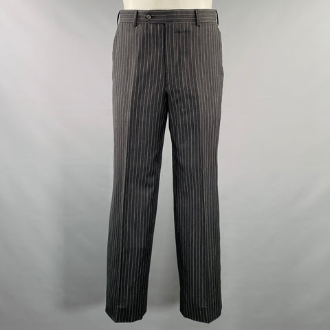 BELVEST Size 40 Grey White Pinstripe Wool Linen Single Breasted Suit