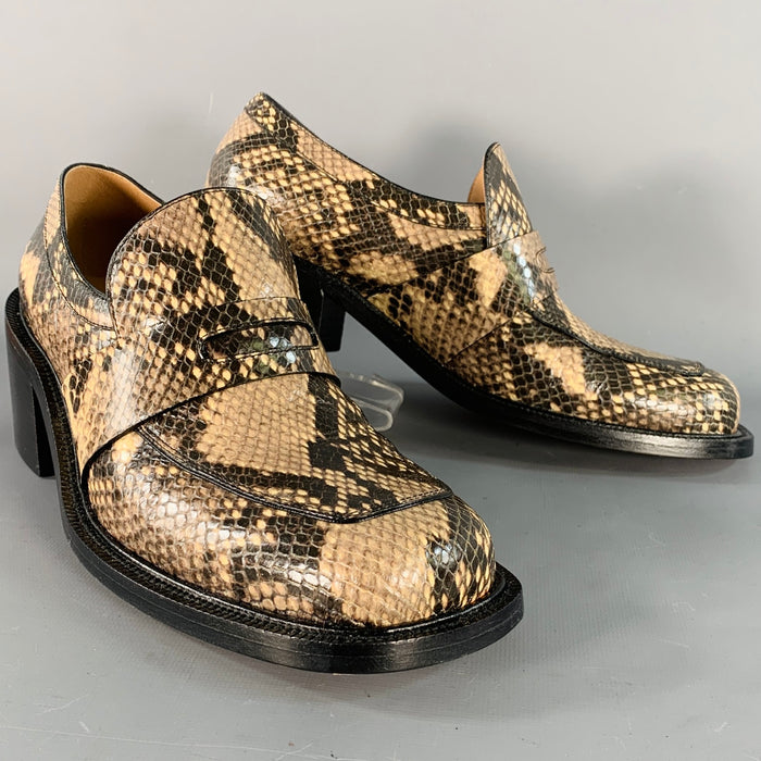 DRIES VAN NOTEN Size 7 Brown Beige Snakeskin Leather Chunky Heel Penny Loafers
