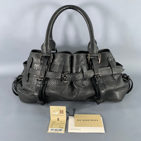 BURBERRY Black Gunmetal Leather Top Handles Handbag