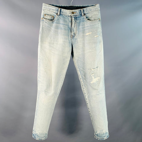 SAINT LAURENT Size 31 Blue Distressed Cotton Tapered Zip Fly Jeans