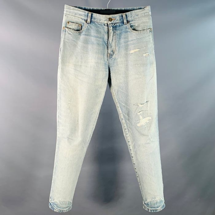 SAINT LAURENT Size 31 Blue Distressed Cotton Tapered Zip Fly Jeans
