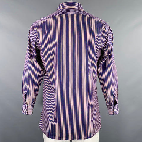 CHARVET Size L Navy Red Stripe Cotton Spread Collar Long Sleeve Shirt
