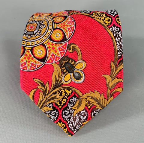 ROBERT TALBOTT Red Gold Grey Abstract Floral Silk Tie