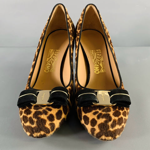SALVATORE FERRAGAMO Size 9 -Carla- Brown Beige Calf Hair Animal Print Bow Pumps