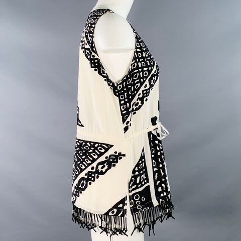 ALTUZARRA Size 6 Black Cream Abstract Sleeveless Fringe Casual Top