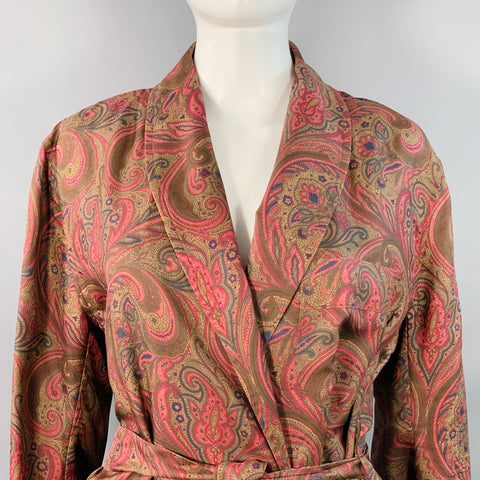 ETRO Size S Brown Burgundy Silk Paisley Shawl Collar Belted Robe Coat