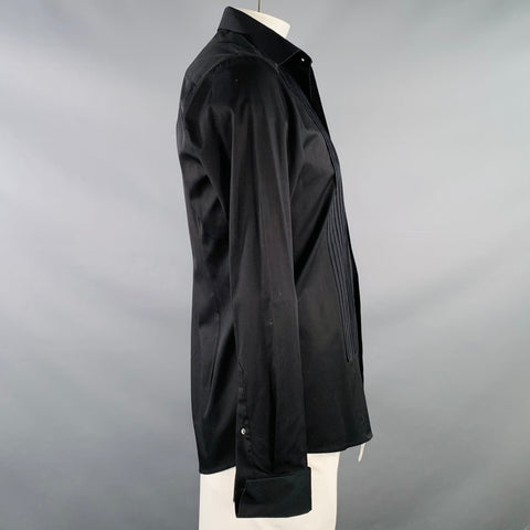 Chemise de smoking ETON taille L noire en coton plissé, poignets mousquetaires, manches longues