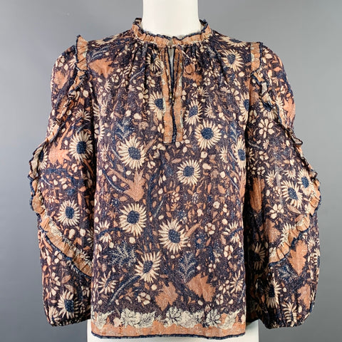 ULLA JOHNSON Size XS Manet Navy Brown Cotton Blend Floral V-Neck Blouse