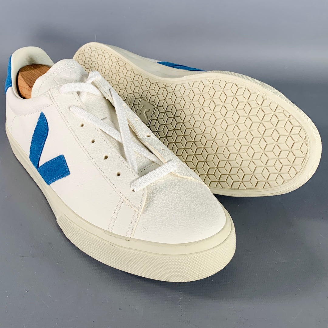 VEJA Size 11 White Blue Leather Low Top Lace-Up Sneakers