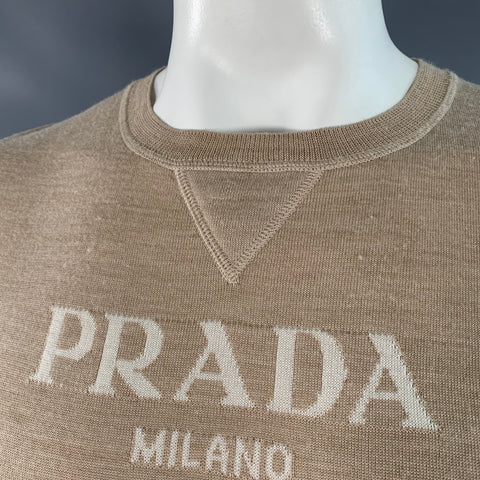 PRADA Size L Beige Cream Logo Cashmere Wool Jersey Short Sleeve Crew Neck Pullover