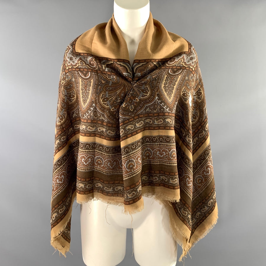 YVES SAINT LAURENT Tan Brown Paisley Linen Blend Shawl