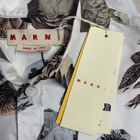 MARNI Size XXS Resonance White Brown Floral Print Silk Oversized Button Up Long Sleeve Shirt