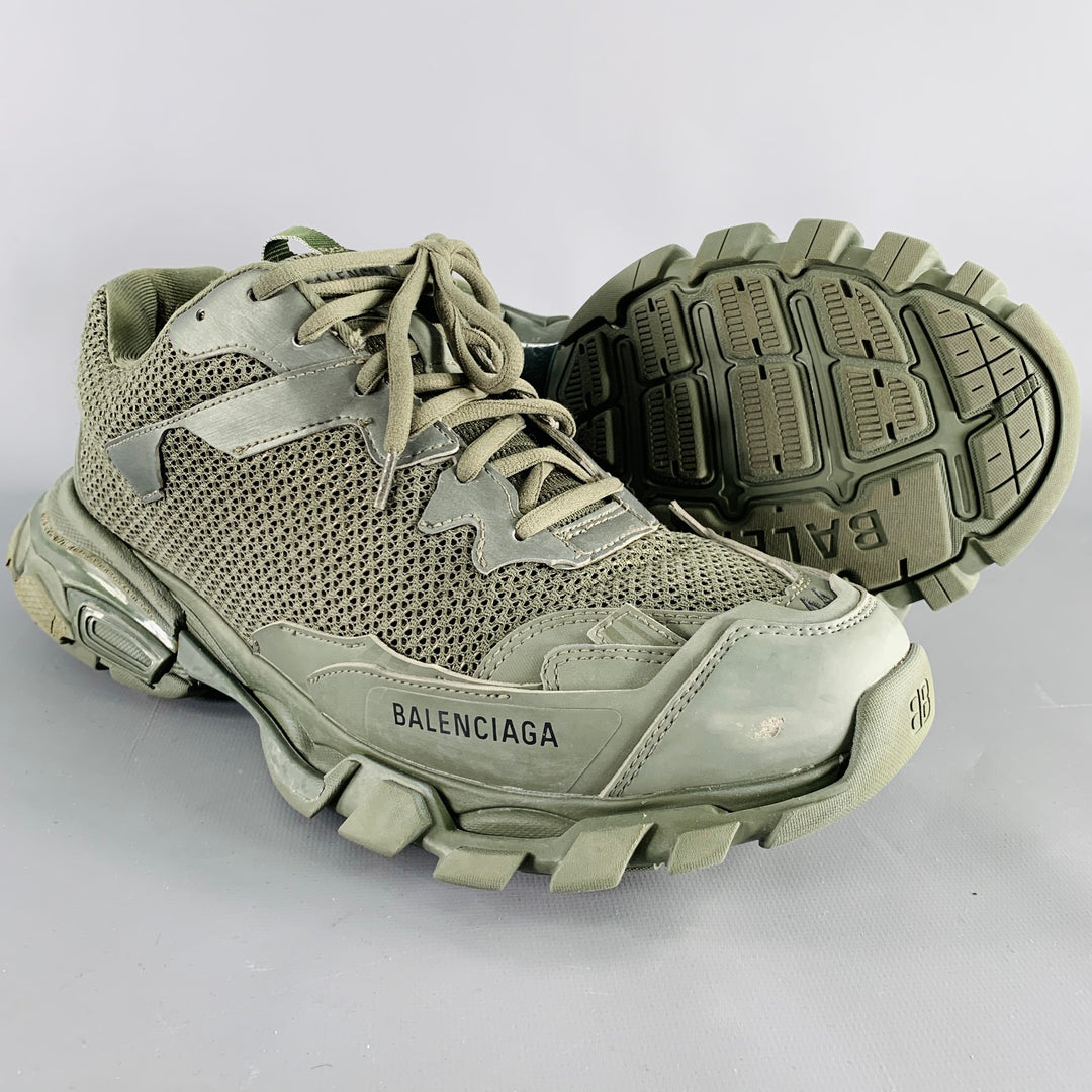 BALENCIAGA Size 11 Track 3 Green Olive Leather Nylon Lace-Up Sneakers