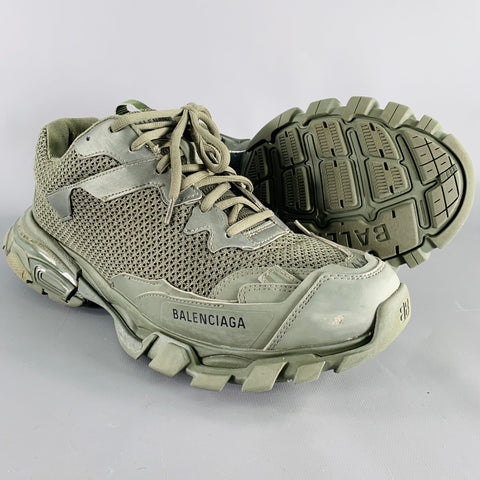 BALENCIAGA Size 11 Track 3 Green Olive Leather Nylon Lace-Up Sneakers