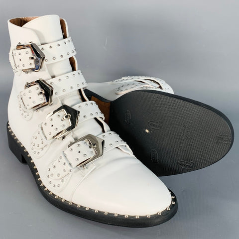 GIVENCHY Size 9 White Studded Belted Ankle Boots