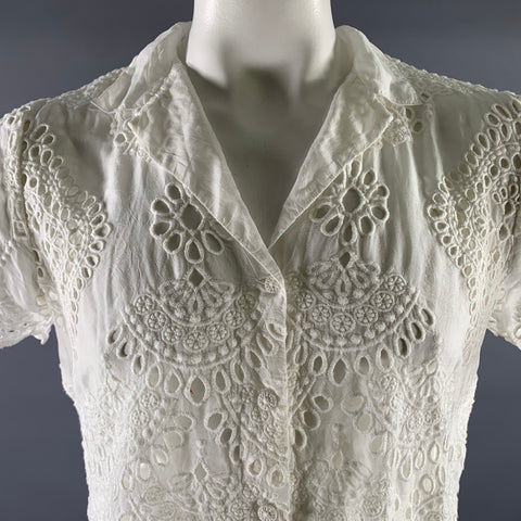 JOHNNY WAS Size XL White Rayon Doily Camp Collar Short Sleeve Shirt