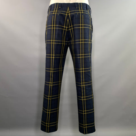 JOSEPH Chest Size 42 Navy Yellow Plaid Cotton Notch Lapel 34 30 Suit