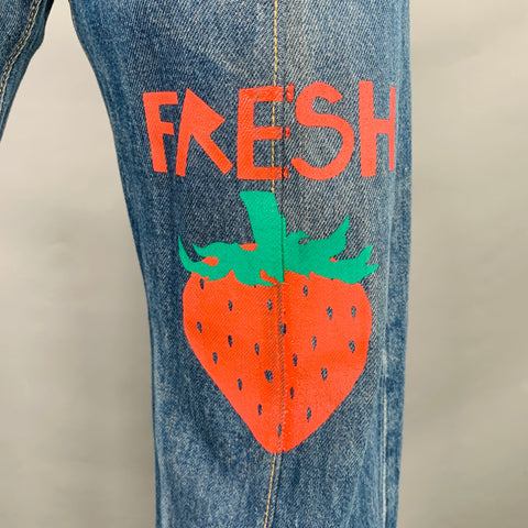 WESTFALL Size S Blue Red Cotton Painted Strawberry High Waisted Straight Button Fly Jeans