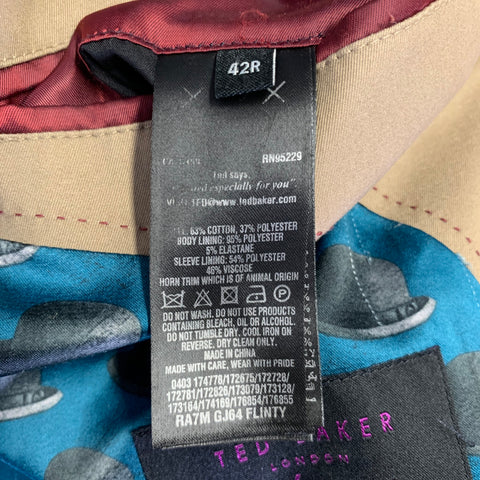 TED BAKER Size L Khaki Solid Cotton  Polyamide Overcoat Coat