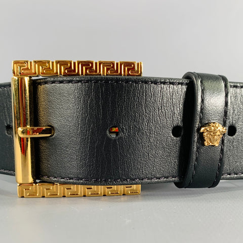 VERSACE Size 34 Black Gold Greca Leather Belt