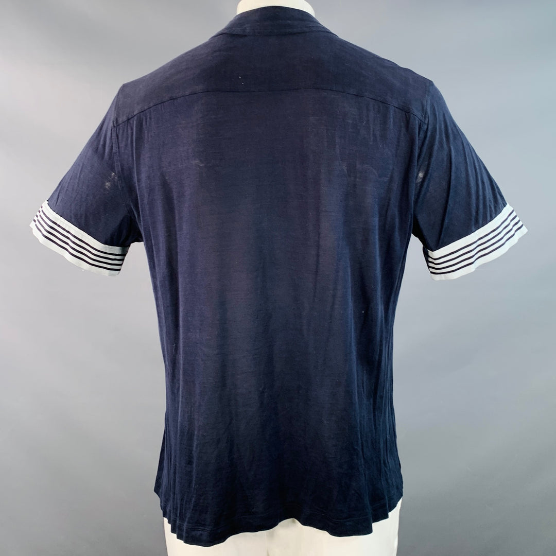 GIORGIO ARMANI Size L Navy Blue Contrast Trim Silk Blend Short Sleeve Polo