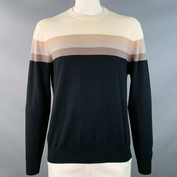 MR TURK Size XL Cream Tan Brown Stripe Merino Wool Crew Neck Pullover